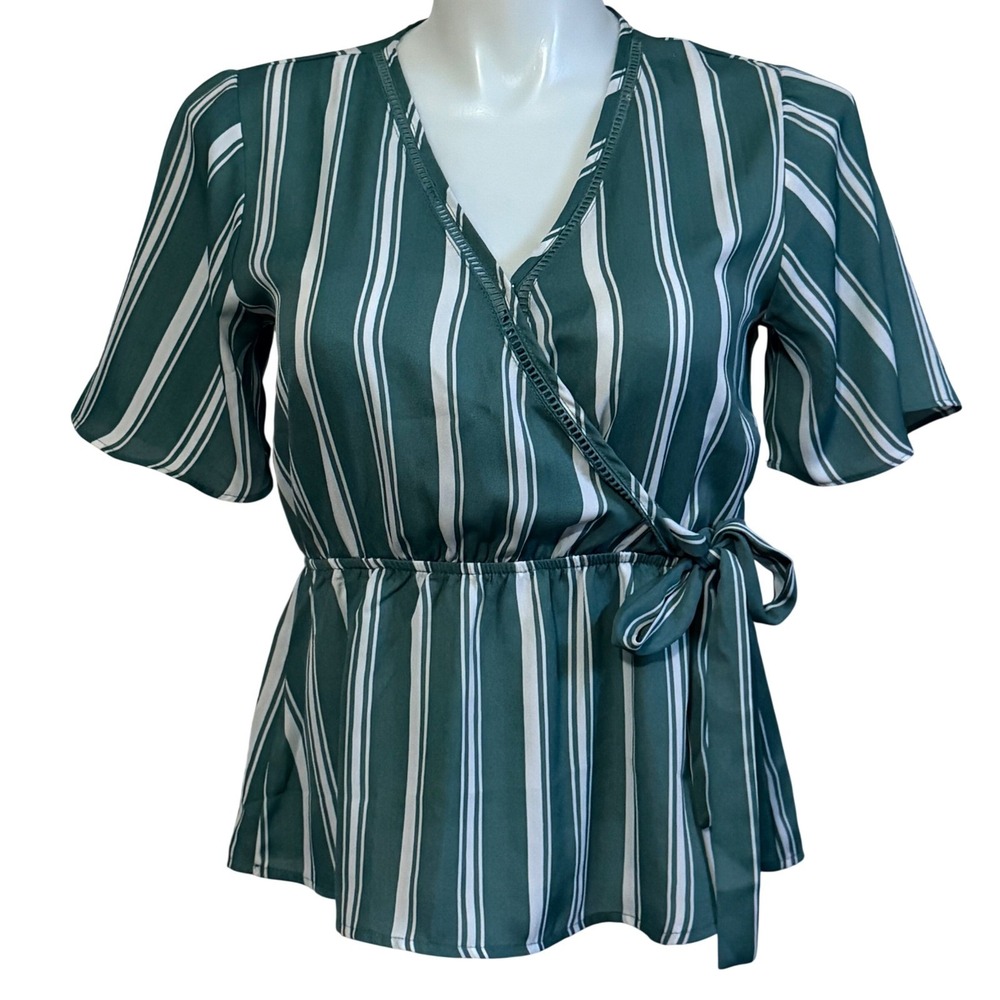 Pink Rose Womens Green White Striped Peplum Wrap Top‎ V-Neck Short Sleeve Large